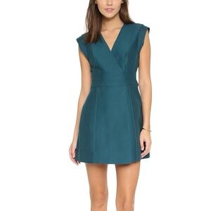 Halston Heritage Women's Faux-Wrap Mini Dress V-Neck Lined Green Cocktail Size 8